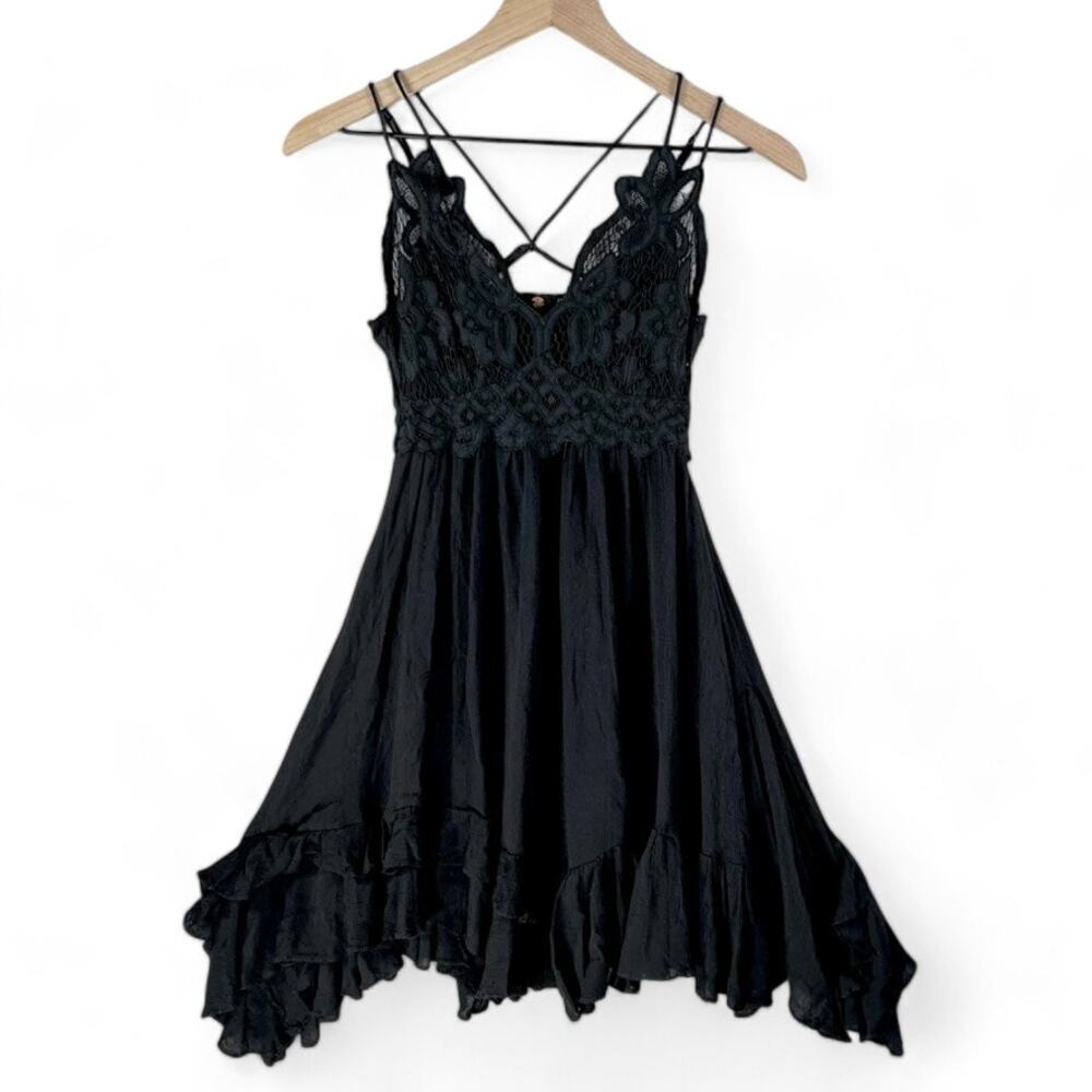 Free People Witchy Slip Dress XS Black Flowy Sexy Lace Adella Crochet Whimsygoth